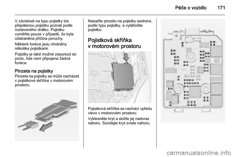 OPEL ADAM 2014  Příručka k informačnímu systému (in Czech) Péče o vozidlo171
V závislosti na typu pojistky lze
přepálenou pojistku poznat podle
roztaveného drátku. Pojistku
vyměňte pouze v případě, že byla
odstraněna příčina poruchy.
Někter�