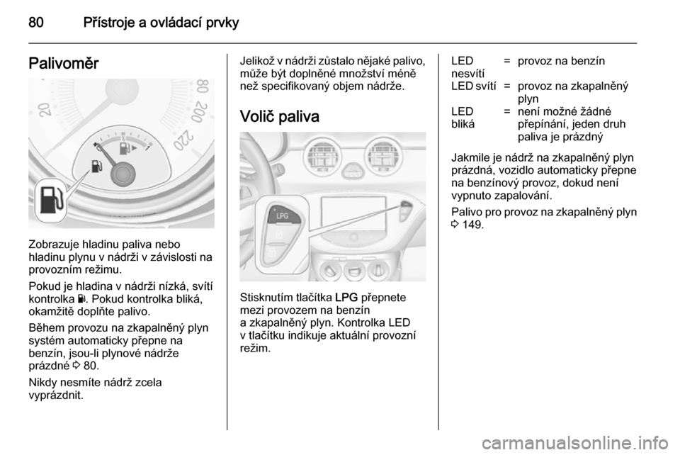 OPEL ADAM 2014 Příručka k informačnímu systému (in Czech) 80Přístroje a ovládací prvkyPalivoměr
Zobrazuje hladinu paliva nebo
hladinu plynu v nádrži v závislosti na
provozním režimu.
Pokud je hladina v nádrži nízká, svítí kontrolka Y. Pokud OPEL ADAM 2014 Příručka k informačnímu systému (in Czech) 80Přístroje a ovládací prvkyPalivoměr
Zobrazuje hladinu paliva nebo
hladinu plynu v nádrži v závislosti na
provozním režimu.
Pokud je hladina v nádrži nízká, svítí kontrolka Y. Pokud