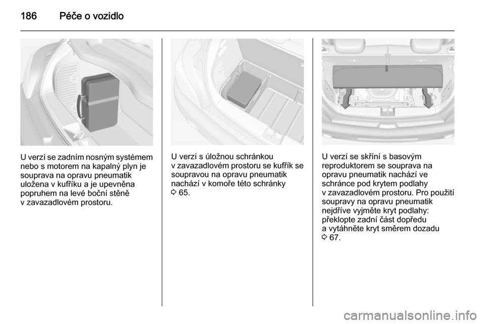 OPEL ADAM 2015  Uživatelská příručka (in Czech) 186Péče o vozidlo
U verzí se zadním nosným systémem
nebo s motorem na kapalný plyn je souprava na opravu pneumatik
uložena v kufříku a je upevněna
popruhem na levé boční stěně
v zavaza