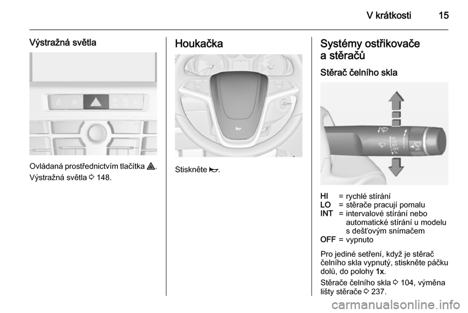 OPEL ASTRA J 2015 Uživatelská příručka (in Czech) V krátkosti15
Výstražná světla
Ovládaná prostřednictvím tlačítka ¨.
Výstražná světla 3 148.
Houkačka
Stiskněte j.
Systémy ostřikovače
a stěračů
Stěrač čelního sklaHI=rych OPEL ASTRA J 2015 Uživatelská příručka (in Czech) V krátkosti15
Výstražná světla
Ovládaná prostřednictvím tlačítka ¨.
Výstražná světla 3 148.
Houkačka
Stiskněte j.
Systémy ostřikovače
a stěračů
Stěrač čelního sklaHI=rych