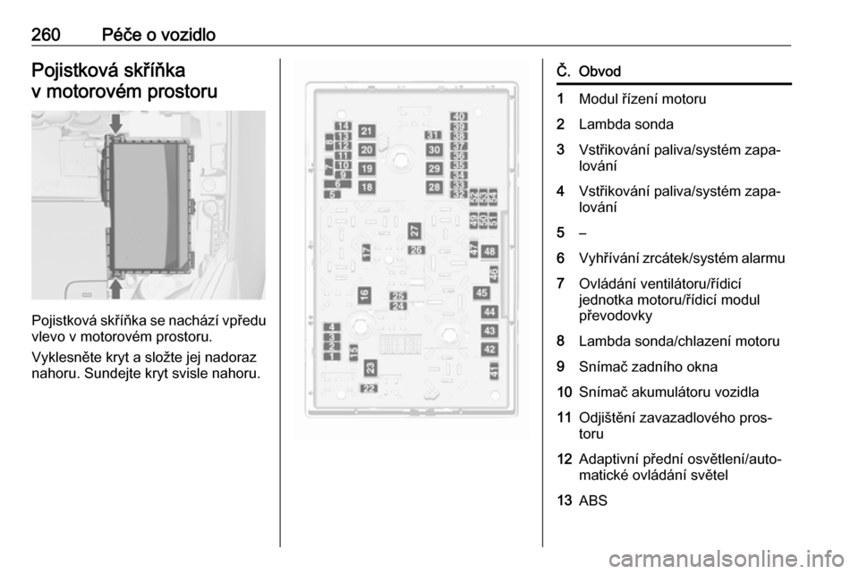 OPEL ASTRA J 2016  Uživatelská příručka (in Czech) 260Péče o vozidloPojistková skříňkav motorovém prostoru
Pojistková skříňka se nachází vpředu
vlevo v motorovém prostoru.
Vyklesněte kryt a složte jej nadoraz
nahoru. Sundejte kryt svi