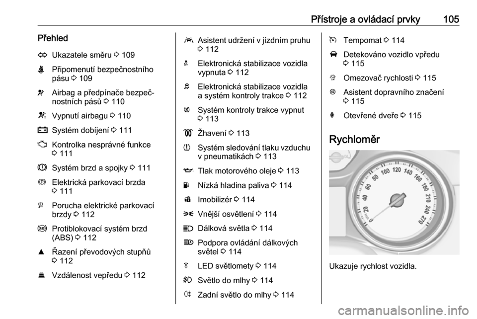OPEL ASTRA K 2016.5  Uživatelská příručka (in Czech) Přístroje a ovládací prvky105PřehledOUkazatele směru 3 109XPřipomenutí bezpečnostního
pásu  3 109vAirbag a předpínače bezpeč‐
nostních pásů  3 110VVypnutí airbagu  3 110pSystém d
