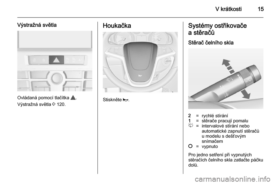 OPEL CASCADA 2014.5  Uživatelská příručka (in Czech) V krátkosti15
Výstražná světla
Ovládaná pomocí tlačítka ¨.
Výstražná světla  3 120.
Houkačka
Stiskněte  j.
Systémy ostřikovače
a stěračů
Stěrač čelního skla2=rychlé stírá