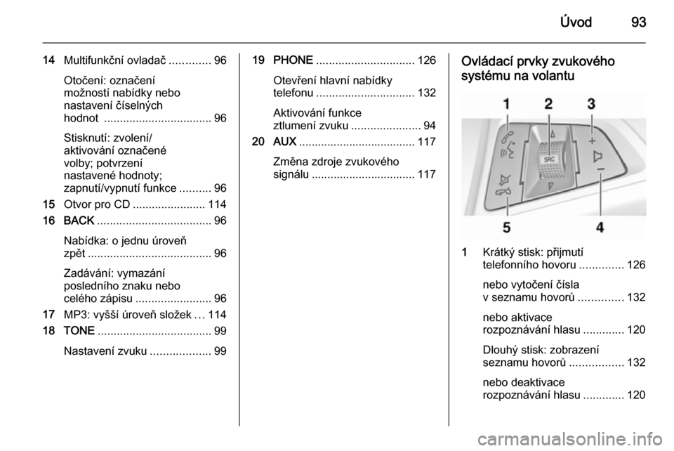 OPEL CASCADA 2015  Příručka k informačnímu systému (in Czech) Úvod93
14Multifunkční ovladač .............96
Otočení: označení
možností nabídky nebo
nastavení číselných
hodnot  .................................. 96
Stisknutí: zvolení/
aktivován�