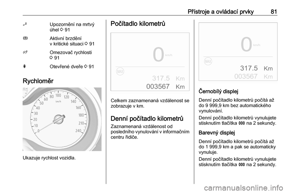 OPEL CROSSLAND X 2020  Uživatelská příručka (in Czech) Přístroje a ovládací prvky81BUpozornění na mrtvý
úhel  3 91ØAktivní brzdění
v kritické situaci  3 91ßOmezovač rychlosti
3  91hOtevřené dveře  3 91
Rychloměr
Ukazuje rychlost vozidla