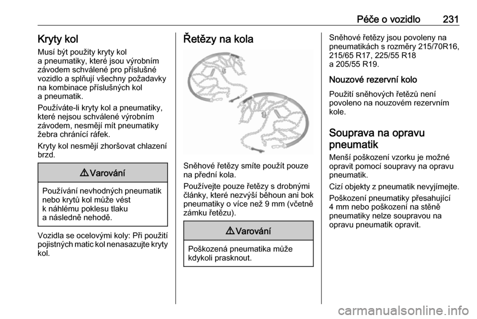 OPEL GRANDLAND X 2018.5  Uživatelská příručka (in Czech) Péče o vozidlo231Kryty kol
Musí být použity kryty kol
a pneumatiky, které jsou výrobním
závodem schválené pro příslušné
vozidlo a splňují všechny požadavky
na kombinace příslušn�