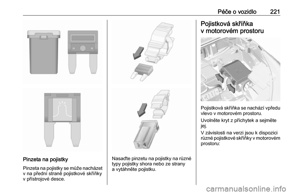 OPEL GRANDLAND X 2018.75  Uživatelská příručka (in Czech) Péče o vozidlo221
Pinzeta na pojistkyPinzeta na pojistky se může nacházet
v na přední straně pojistkové skříňky
v přístrojové desce.Nasaďte pinzetu na pojistky na různé typy pojistky