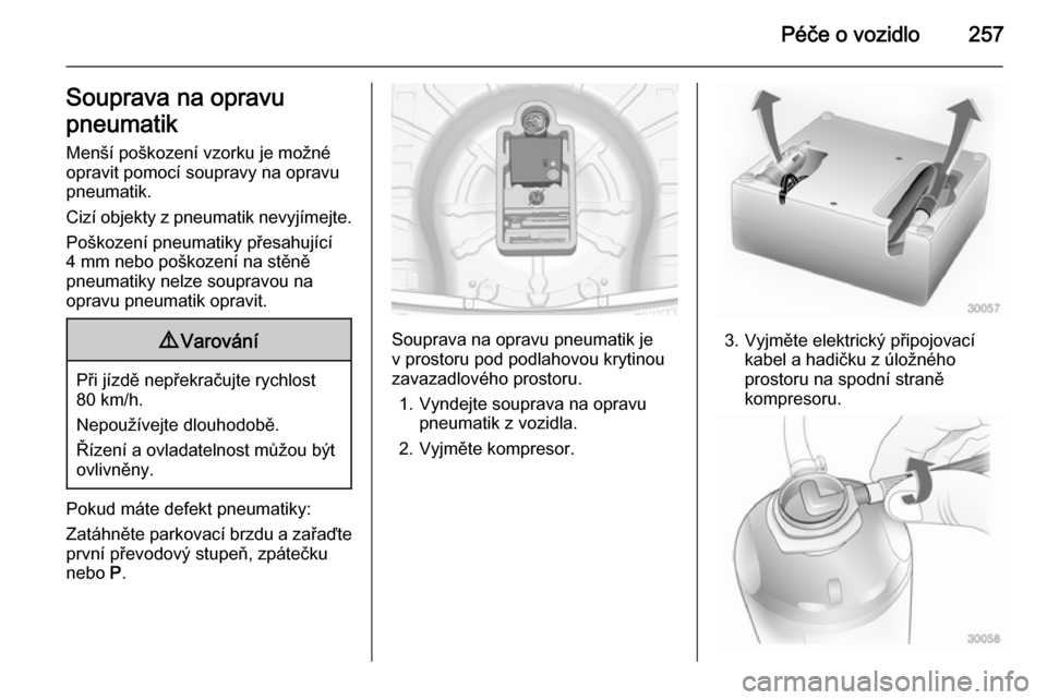 OPEL INSIGNIA 2015  Uživatelská příručka (in Czech) Péče o vozidlo257Souprava na opravu
pneumatik
Menší poškození vzorku je možné
opravit pomocí soupravy na opravu
pneumatik.
Cizí objekty z pneumatik nevyjímejte.
Poškození pneumatiky přes