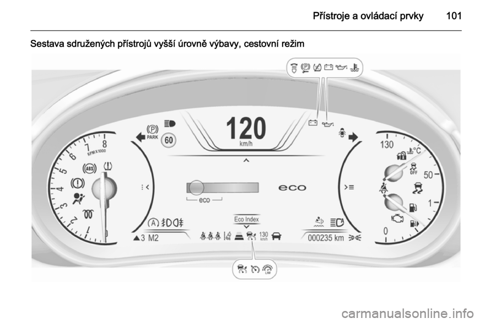 OPEL INSIGNIA 2015.5 Uživatelská příručka (in Czech) Přístroje a ovládací prvky101
Sestava sdružených přístrojů vyšší úrovně výbavy, cestovní režim OPEL INSIGNIA 2015.5 Uživatelská příručka (in Czech) Přístroje a ovládací prvky101
Sestava sdružených přístrojů vyšší úrovně výbavy, cestovní režim