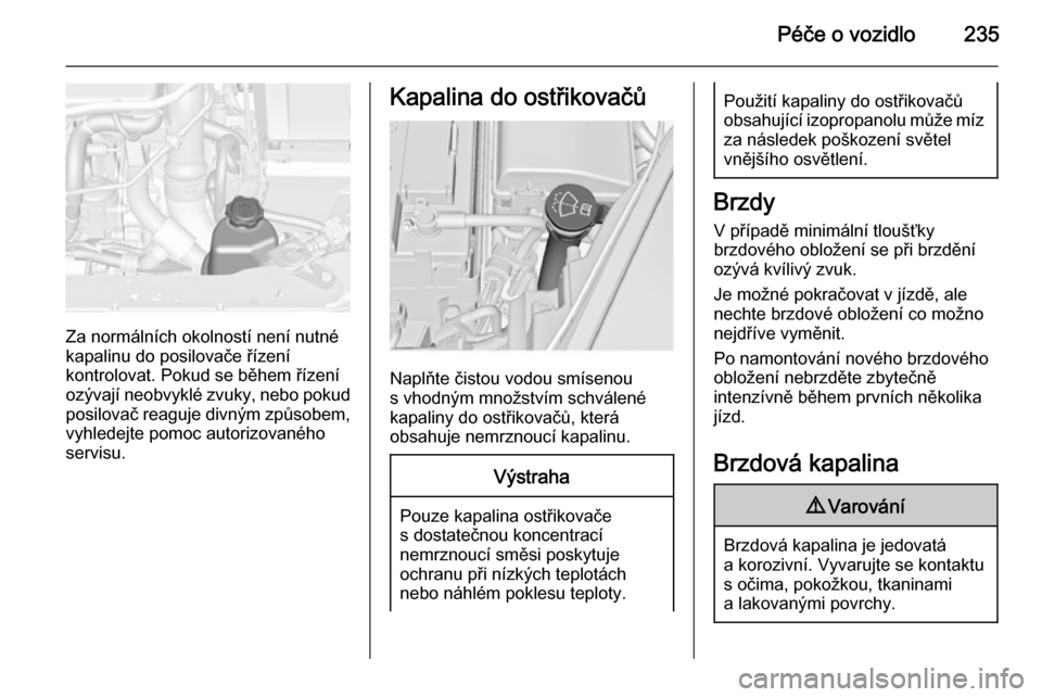 OPEL INSIGNIA 2015.5  Uživatelská příručka (in Czech) Péče o vozidlo235
Za normálních okolností není nutné
kapalinu do posilovače řízení
kontrolovat. Pokud se během řízení
ozývají neobvyklé zvuky, nebo pokud posilovač reaguje divným z