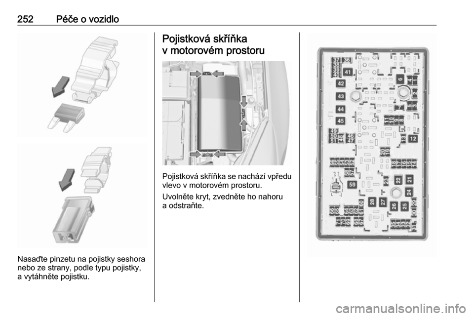 OPEL INSIGNIA 2016  Uživatelská příručka (in Czech) 252Péče o vozidlo
Nasaďte pinzetu na pojistky seshora
nebo ze strany, podle typu pojistky,
a vytáhněte pojistku.
Pojistková skříňka
v motorovém prostoru
Pojistková skříňka se nachází v
