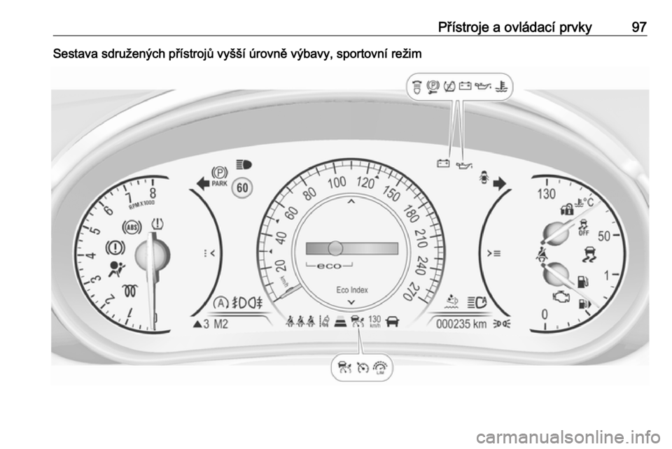 OPEL INSIGNIA 2016  Uživatelská příručka (in Czech) Přístroje a ovládací prvky97Sestava sdružených přístrojů vyšší úrovně výbavy, sportovní režim 