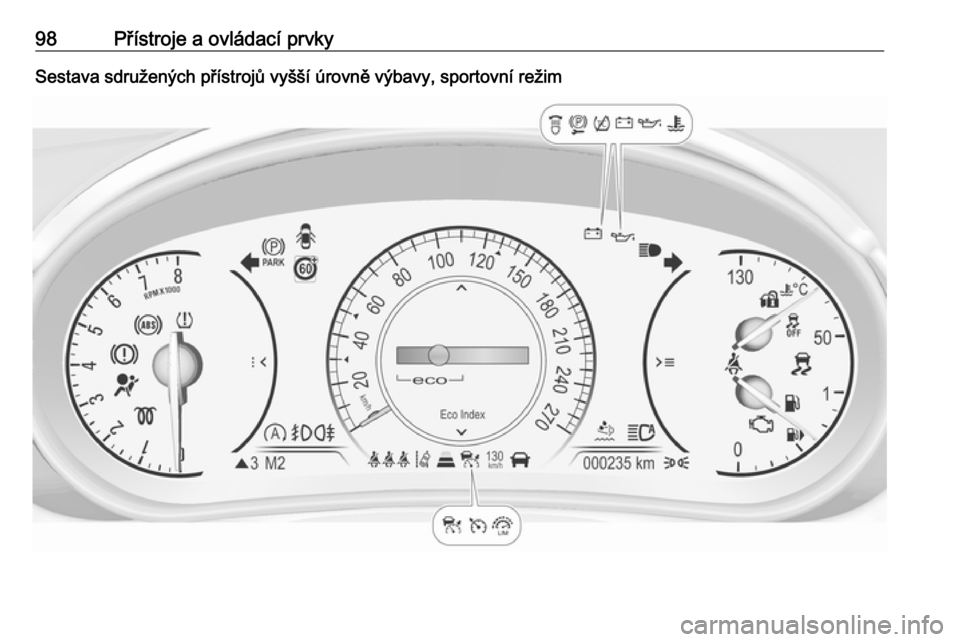 OPEL INSIGNIA 2017  Uživatelská příručka (in Czech) 98Přístroje a ovládací prvkySestava sdružených přístrojů vyšší úrovně výbavy, sportovní režim 