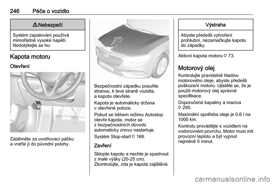 OPEL INSIGNIA BREAK 2019.5  Uživatelská příručka (in Czech) 246Péče o vozidlo9Nebezpečí
Systém zapalování používá
mimořádně vysoké napětí.
Nedotýkejte se ho.
Kapota motoru
Otevření
Zatáhněte za uvolňovací páčku
a vraťte jí do původn