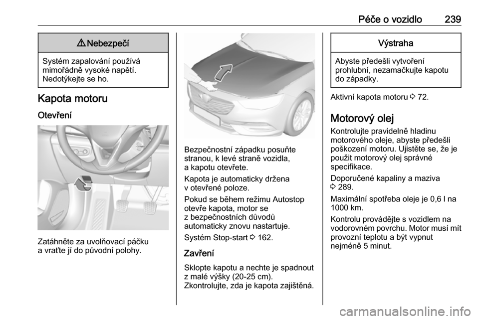 OPEL INSIGNIA BREAK 2020 Uživatelská příručka (in Czech) Péče o vozidlo2399Nebezpečí
Systém zapalování používá
mimořádně vysoké napětí.
Nedotýkejte se ho.
Kapota motoru
Otevření
Zatáhněte za uvolňovací páčku
a vraťte jí do původn OPEL INSIGNIA BREAK 2020 Uživatelská příručka (in Czech) Péče o vozidlo2399Nebezpečí
Systém zapalování používá
mimořádně vysoké napětí.
Nedotýkejte se ho.
Kapota motoru
Otevření
Zatáhněte za uvolňovací páčku
a vraťte jí do původn
