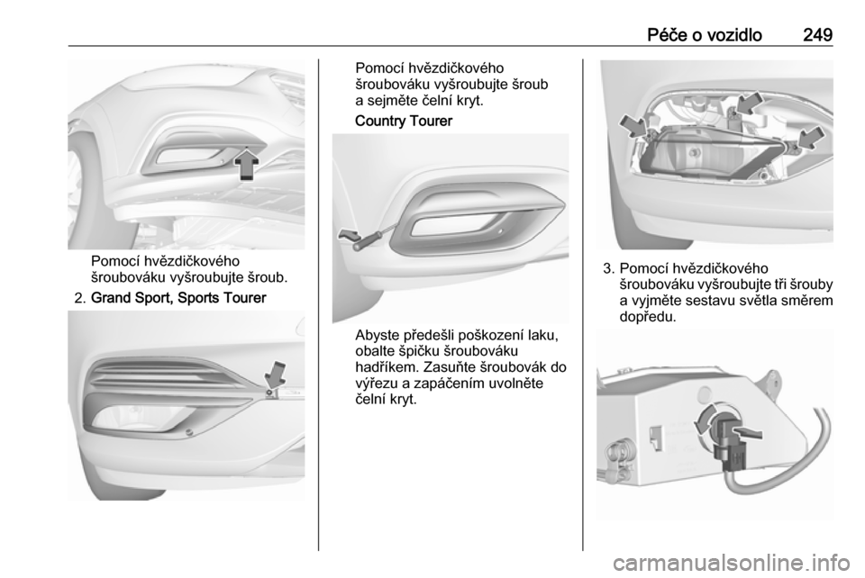 OPEL INSIGNIA BREAK 2020  Uživatelská příručka (in Czech) Péče o vozidlo249
Pomocí hvězdičkového
šroubováku vyšroubujte šroub.
2. Grand Sport, Sports Tourer
Pomocí hvězdičkového
šroubováku vyšroubujte šroub
a sejměte čelní kryt.
Country 