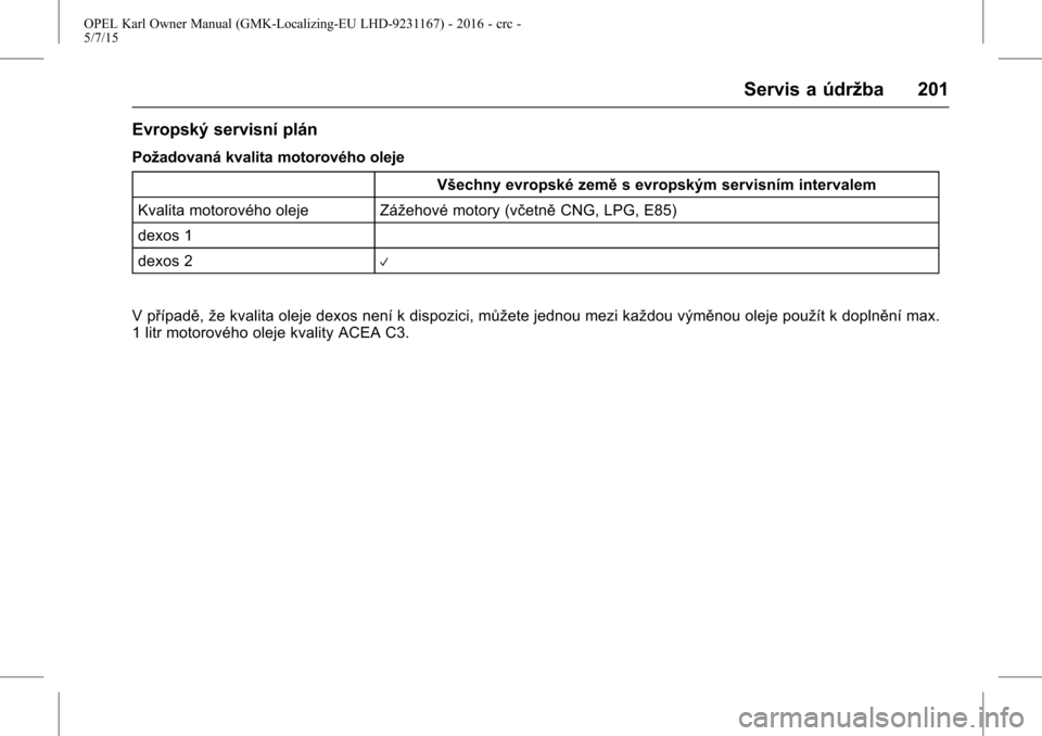 OPEL KARL 2015.75  Uživatelská příručka (in Czech) OPEL Karl Owner Manual (GMK-Localizing-EU LHD-9231167) - 2016 - crc -
5/7/15
Servis a údržba 201
Evropský servisní plán
Požadovaná kvalita motorového olejeVšechny evropské zeměs evropským 