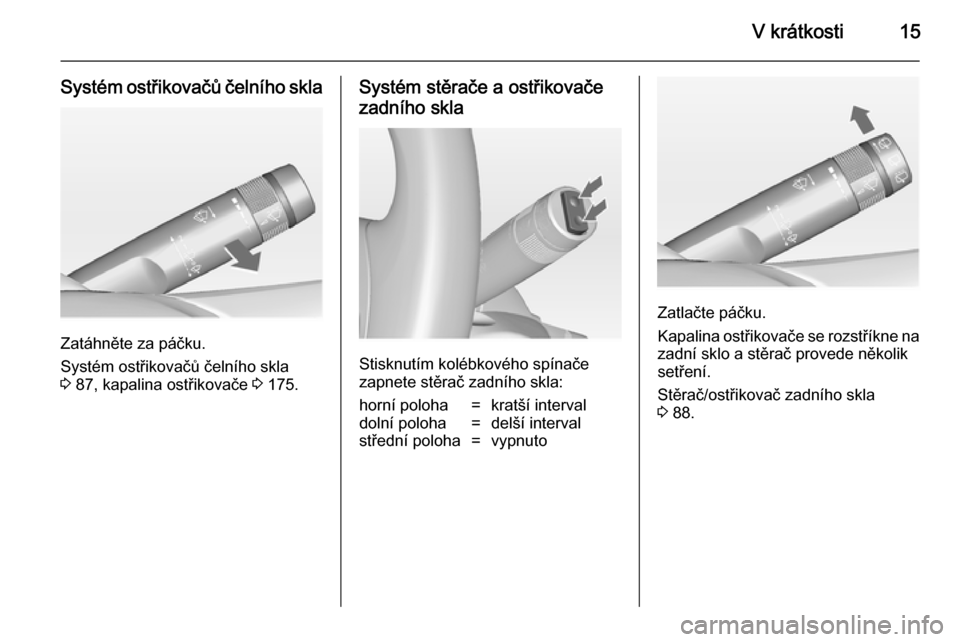 OPEL MERIVA 2014.5  Uživatelská příručka (in Czech) V krátkosti15
Systém ostřikovačů čelního skla
Zatáhněte za páčku.
Systém ostřikovačů čelního skla
3  87, kapalina ostřikovače  3 175.
Systém stěrače a ostřikovače
zadního skla