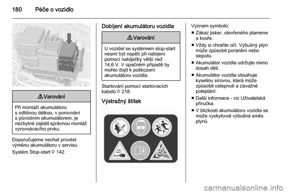 OPEL MERIVA 2015.5  Uživatelská příručka (in Czech) 180Péče o vozidlo9Varování
Při montáži akumulátoru
s odlišnou délkou, v porovnání
s původním akumulátorem, je
nezbytné zajistit správnou montáž vyrovnávacího prvku.
Doporučujeme 