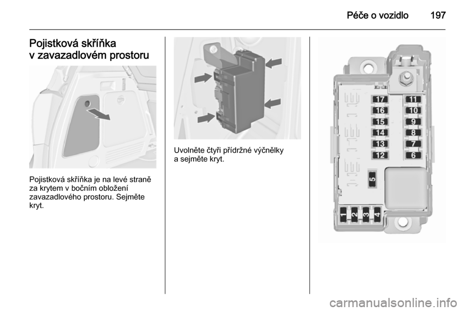 OPEL MERIVA 2015.5  Uživatelská příručka (in Czech) Péče o vozidlo197Pojistková skříňka
v zavazadlovém prostoru
Pojistková skříňka je na levé straně
za krytem v bočním obložení
zavazadlového prostoru. Sejměte
kryt.
Uvolněte čtyři 