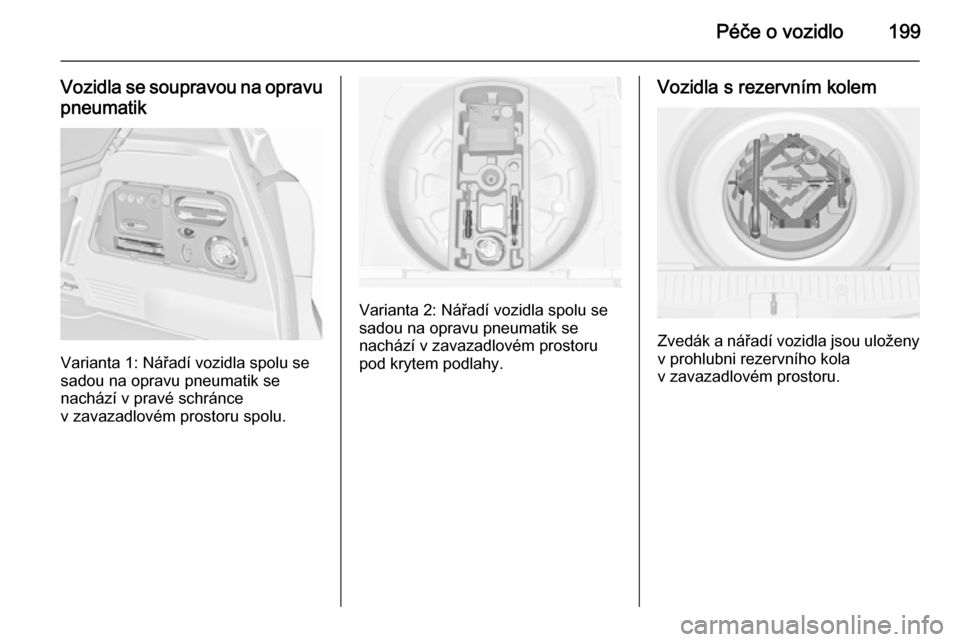 OPEL MERIVA 2015.5  Uživatelská příručka (in Czech) Péče o vozidlo199
Vozidla se soupravou na opravupneumatik
Varianta 1: Nářadí vozidla spolu se
sadou na opravu pneumatik se
nachází v pravé schránce
v zavazadlovém prostoru spolu.
Varianta 2: