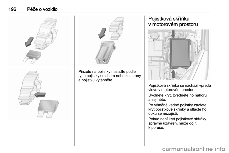 OPEL MERIVA 2016.5  Uživatelská příručka (in Czech) 196Péče o vozidlo
Pinzetu na pojistky nasaďte podle
typu pojistky se shora nebo ze strany
a pojistku vytáhněte.
Pojistková skříňka
v motorovém prostoru
Pojistková skříňka se nachází vp