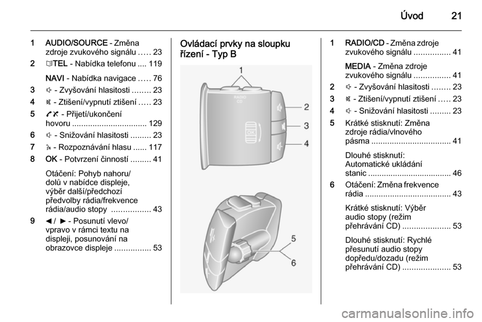 OPEL MOVANO_B 2015.5  Příručka k informačnímu systému (in Czech) Úvod21
1 AUDIO/SOURCE - Změna
zdroje zvukového signálu .....23
2 6TEL  - Nabídka telefonu .... 119
NAVI  - Nabídka navigace .....76
3 ! - Zvyšování hlasitosti ........23
4 @ - Ztišení/vypnu