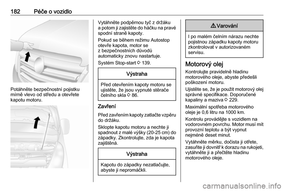OPEL MOVANO_B 2017.5  Uživatelská příručka (in Czech) 182Péče o vozidlo
Potáhněte bezpečnostní pojistku
mírně vlevo od středu a otevřete
kapotu motoru.
Vytáhněte podpěrnou tyč z držáku
a potom ji zajistěte do háčku na pravé spodní st