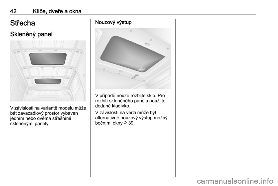 OPEL MOVANO_B 2017.5  Uživatelská příručka (in Czech) 42Klíče, dveře a oknaStřechaSkleněný panel
V závislosti na variantě modelu můžebát zavazadlový prostor vybaven
jedním nebo dvěma střešními
skleněnými panely.
Nouzový výstup
V př�