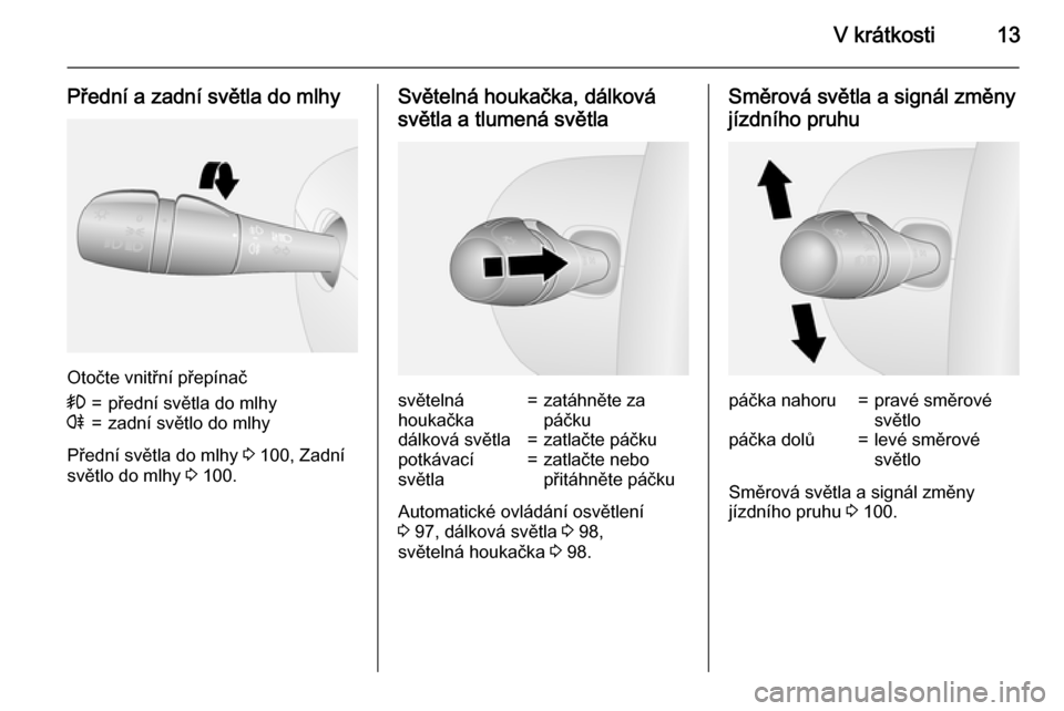 OPEL VIVARO B 2015.5  Uživatelská příručka (in Czech) V krátkosti13
Přední a zadní světla do mlhy
Otočte vnitřní přepínač
>=přední světla do mlhyr=zadní světlo do mlhy
Přední světla do mlhy 3 100, Zadní
světlo do mlhy  3 100.
Světel