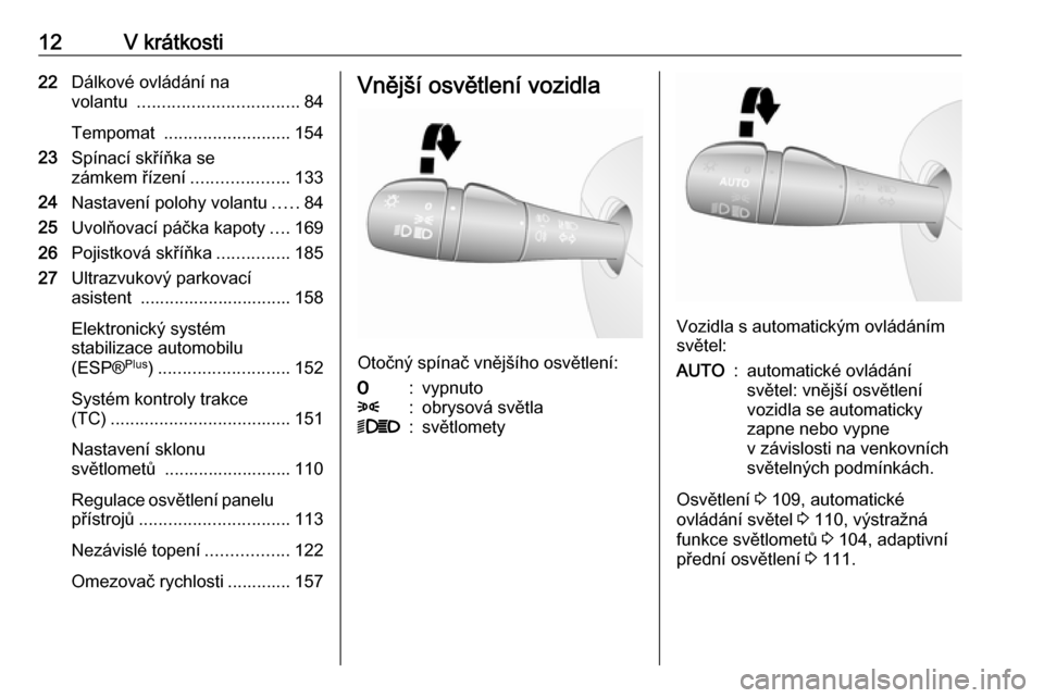 OPEL VIVARO B 2017.5  Uživatelská příručka (in Czech) 12V krátkosti22Dálkové ovládání na
volantu  ................................. 84
Tempomat  .......................... 154
23 Spínací skříňka se
zámkem řízení ....................133
24 