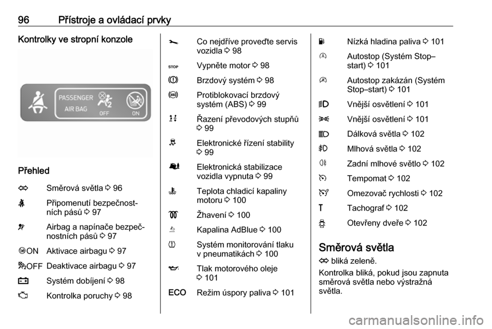 OPEL VIVARO B 2019  Uživatelská příručka (in Czech) 96Přístroje a ovládací prvkyKontrolky ve stropní konzole
Přehled
OSměrová světla 3 96XPřipomenutí bezpečnost‐
ních pásů  3 97vAirbag a napínače bezpeč‐
nostních pásů  3 97Ó O