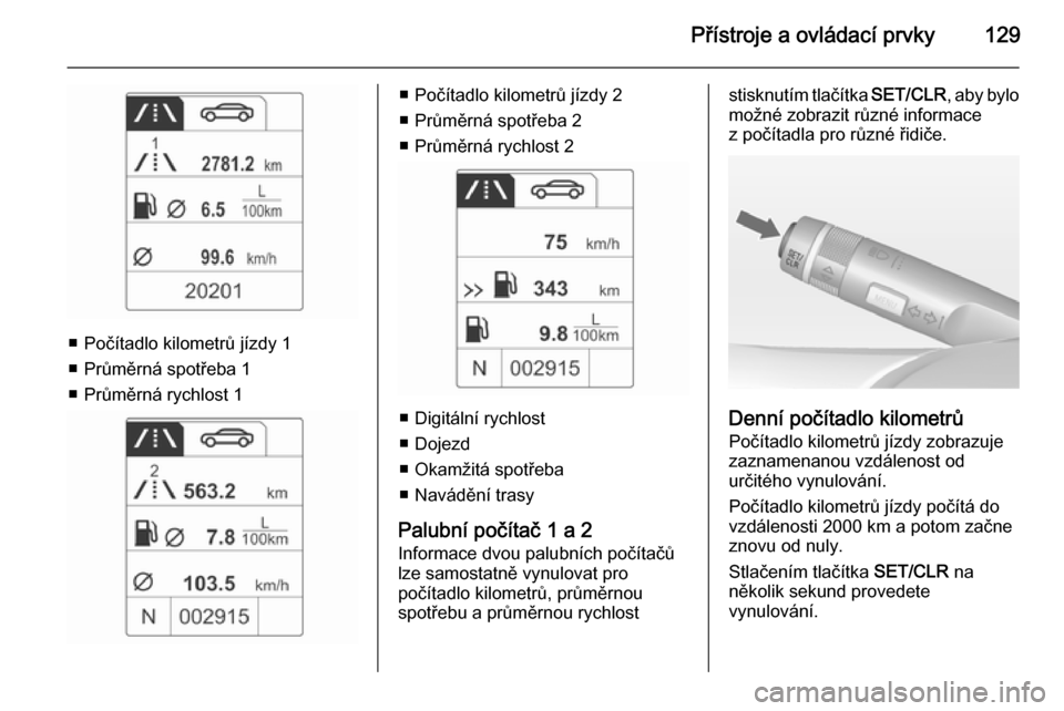 OPEL ZAFIRA C 2014.5 Uživatelská příručka (in Czech) Přístroje a ovládací prvky129
■ Počítadlo kilometrů jízdy 1
■ Průměrná spotřeba 1
■ Průměrná rychlost 1
■ Počítadlo kilometrů jízdy 2
■ Průměrná spotřeba 2
■ Průmě OPEL ZAFIRA C 2014.5 Uživatelská příručka (in Czech) Přístroje a ovládací prvky129
■ Počítadlo kilometrů jízdy 1
■ Průměrná spotřeba 1
■ Průměrná rychlost 1
■ Počítadlo kilometrů jízdy 2
■ Průměrná spotřeba 2
■ Průmě