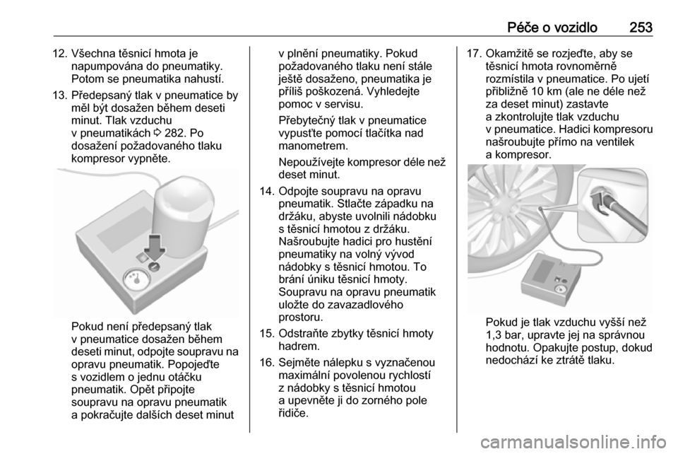 OPEL ZAFIRA C 2017  Uživatelská příručka (in Czech) Péče o vozidlo25312. Všechna těsnicí hmota jenapumpována do pneumatiky.
Potom se pneumatika nahustí.
13. Předepsaný tlak v pneumatice by měl být dosažen během deseti
minut. Tlak vzduchu
v
