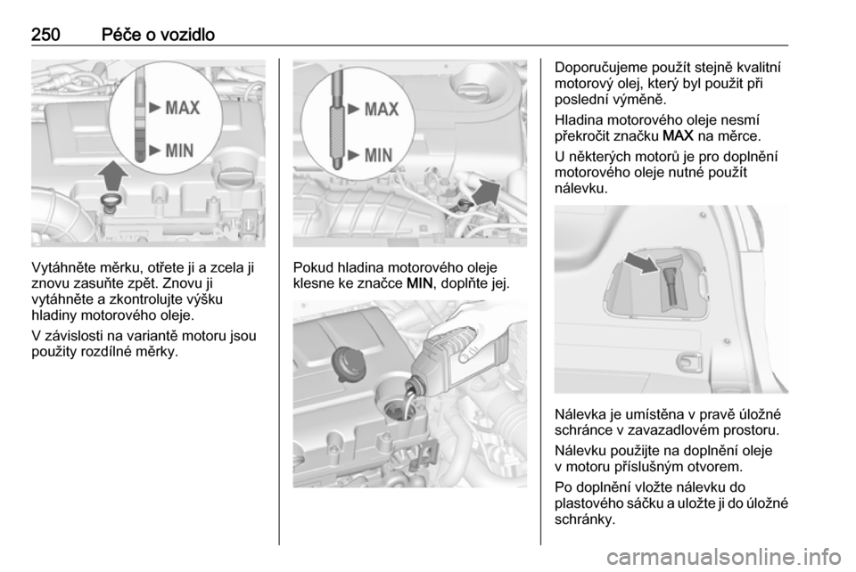OPEL ZAFIRA C 2019  Uživatelská příručka (in Czech) 250Péče o vozidlo
Vytáhněte měrku, otřete ji a zcela ji
znovu zasuňte zpět. Znovu ji
vytáhněte a zkontrolujte výšku
hladiny motorového oleje.
V závislosti na variantě motoru jsou
použi