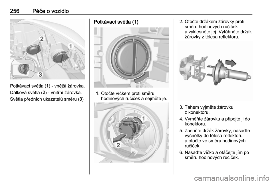 OPEL ZAFIRA C 2019  Uživatelská příručka (in Czech) 256Péče o vozidlo
Potkávací světla (1) - vnější žárovka.
Dálková světla ( 2) - vnitřní žárovka.
Světla předních ukazatelů směru ( 3)
Potkávací světla (1)
1. Otočte víčkem p