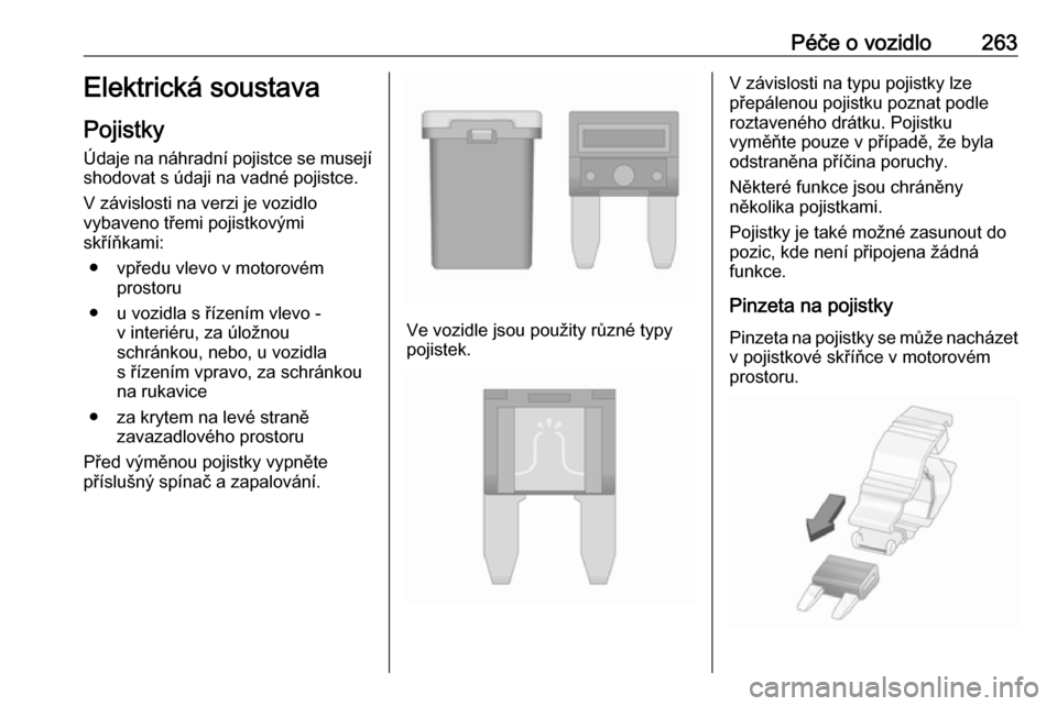 OPEL ZAFIRA C 2019  Uživatelská příručka (in Czech) Péče o vozidlo263Elektrická soustava
Pojistky Údaje na náhradní pojistce se musejí
shodovat s údaji na vadné pojistce.
V závislosti na verzi je vozidlo
vybaveno třemi pojistkovými
skříň