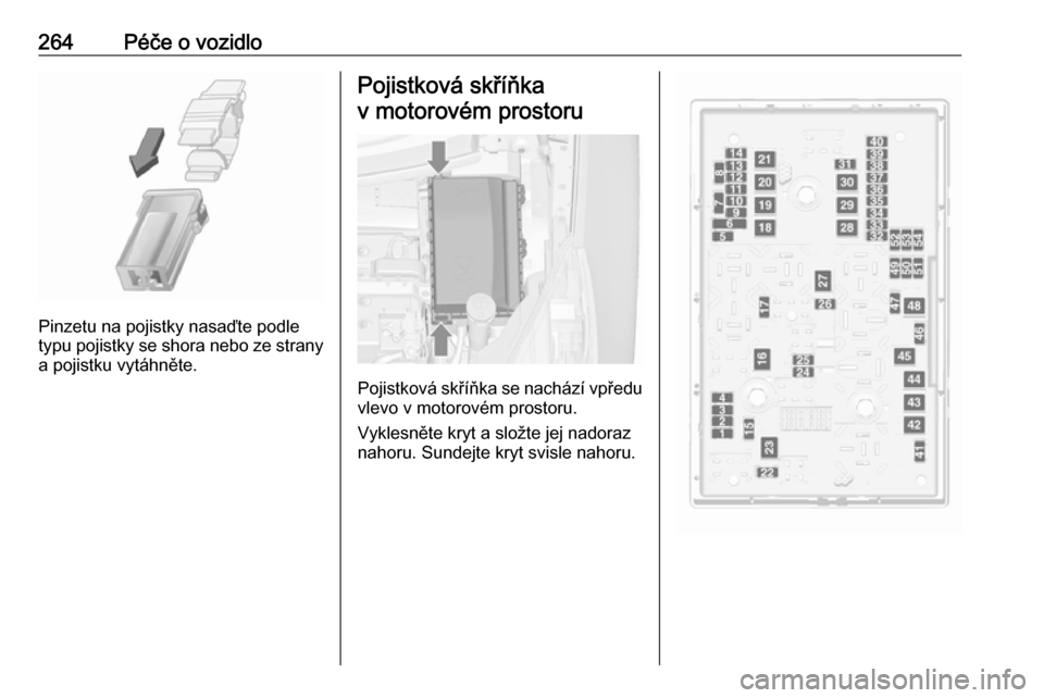 OPEL ZAFIRA C 2019  Uživatelská příručka (in Czech) 264Péče o vozidlo
Pinzetu na pojistky nasaďte podle
typu pojistky se shora nebo ze strany
a pojistku vytáhněte.
Pojistková skříňka
v motorovém prostoru
Pojistková skříňka se nachází vp