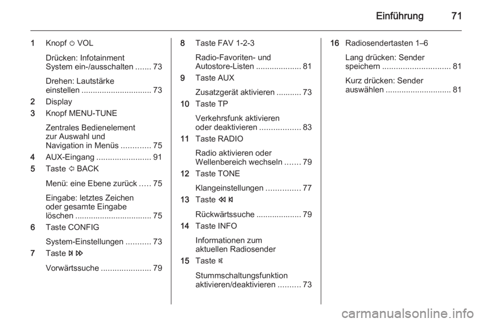 OPEL ADAM 2014  Infotainment-Handbuch (in German) Einführung71
1Knopf  m VOL
Drücken: Infotainment
System ein-/ausschalten .......73
Drehen: Lautstärke
einstellen ............................... 73
2 Display
3 Knopf MENU-TUNE
Zentrales Bedieneleme