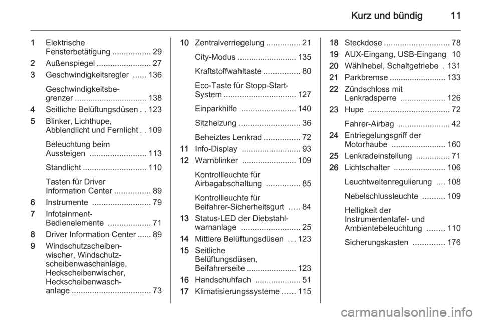 OPEL ADAM 2014  Betriebsanleitung (in German) Kurz und bündig11
1Elektrische
Fensterbetätigung .................29
2 Außenspiegel ........................ 27
3 Geschwindigkeitsregler  ......136
Geschwindigkeitsbe‐
grenzer ...................