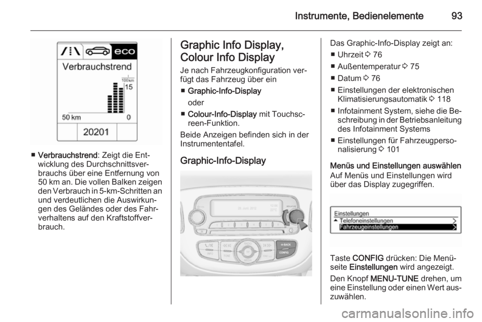 OPEL ADAM 2014  Betriebsanleitung (in German) Instrumente, Bedienelemente93
■Verbrauchstrend : Zeigt die Ent‐
wicklung des Durchschnittsver‐
brauchs über eine Entfernung von
50 km an. Die vollen Balken zeigen
den Verbrauch in  5-km-Schritt