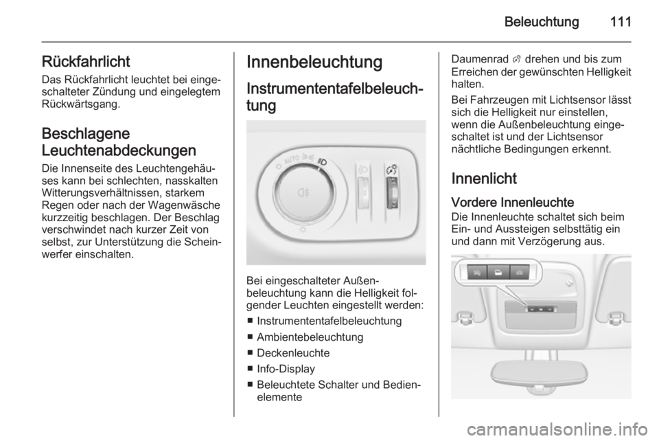 OPEL ADAM 2014.5  Betriebsanleitung (in German) Beleuchtung111RückfahrlichtDas Rückfahrlicht leuchtet bei einge‐
schalteter Zündung und eingelegtem
Rückwärtsgang.
Beschlagene
Leuchtenabdeckungen
Die Innenseite des Leuchtengehäu‐
ses kann 