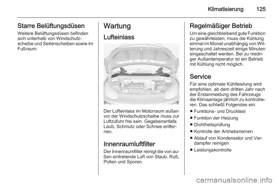 OPEL ADAM 2014.5  Betriebsanleitung (in German) Klimatisierung125Starre Belüftungsdüsen
Weitere Belüftungsdüsen befinden sich unterhalb von Windschutz‐
scheibe und Seitenscheiben sowie im Fußraum.Wartung
Lufteinlass
Der Lufteinlass im Motorr