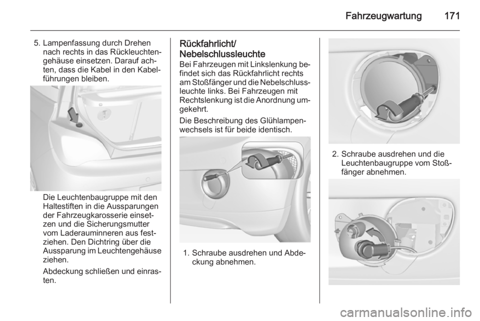 OPEL ADAM 2014.5  Betriebsanleitung (in German) Fahrzeugwartung171
5. Lampenfassung durch Drehennach rechts in das Rückleuchten‐
gehäuse einsetzen. Darauf ach‐
ten, dass die Kabel in den Kabel‐
führungen bleiben.
Die Leuchtenbaugruppe mit 