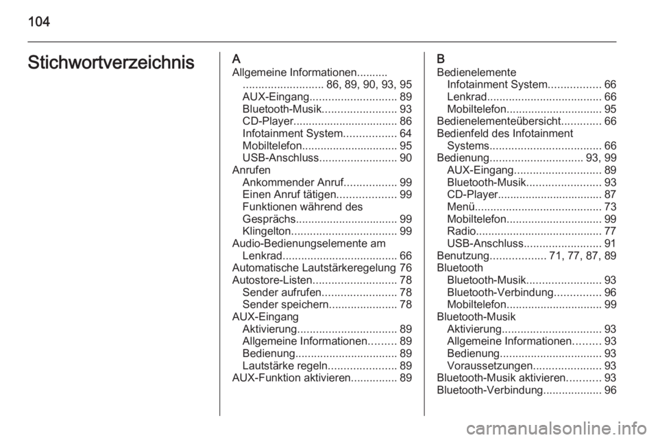 OPEL ADAM 2015 Infotainment-Handbuch (in German) 104StichwortverzeichnisAAllgemeine Informationen.......... .......................... 86, 89, 90, 93, 95
AUX-Eingang ............................ 89
Bluetooth-Musik ........................93
CD-Playe OPEL ADAM 2015 Infotainment-Handbuch (in German) 104StichwortverzeichnisAAllgemeine Informationen.......... .......................... 86, 89, 90, 93, 95
AUX-Eingang ............................ 89
Bluetooth-Musik ........................93
CD-Playe