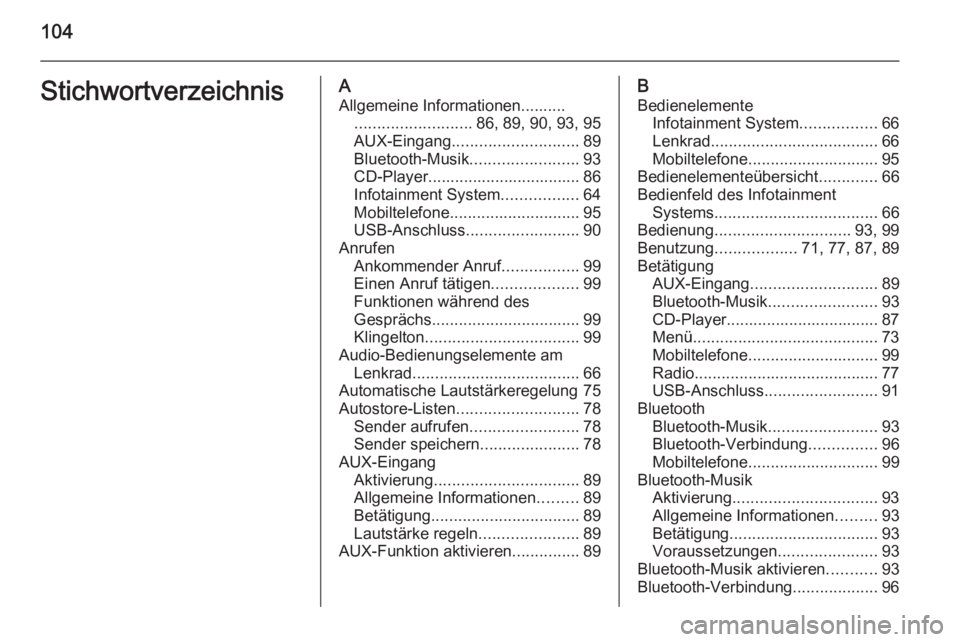 OPEL ADAM 2015.5 Infotainment-Handbuch (in German) 104StichwortverzeichnisAAllgemeine Informationen.......... .......................... 86, 89, 90, 93, 95
AUX-Eingang ............................ 89
Bluetooth-Musik ........................93
CD-Playe OPEL ADAM 2015.5 Infotainment-Handbuch (in German) 104StichwortverzeichnisAAllgemeine Informationen.......... .......................... 86, 89, 90, 93, 95
AUX-Eingang ............................ 89
Bluetooth-Musik ........................93
CD-Playe