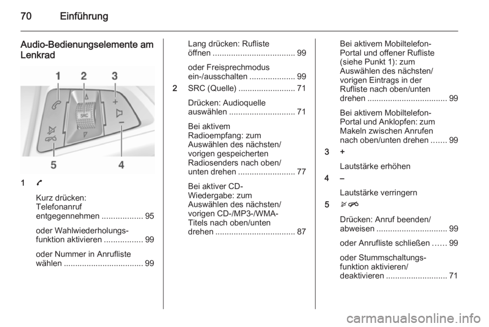 OPEL ADAM 2015.5 Infotainment-Handbuch (in German) 70Einführung
Audio-Bedienungselemente amLenkrad
1 7
Kurz drücken:
Telefonanruf
entgegennehmen ..................95
oder Wahlwiederholungs‐
funktion aktivieren .................99
oder Nummer in An OPEL ADAM 2015.5 Infotainment-Handbuch (in German) 70Einführung
Audio-Bedienungselemente amLenkrad
1 7
Kurz drücken:
Telefonanruf
entgegennehmen ..................95
oder Wahlwiederholungs‐
funktion aktivieren .................99
oder Nummer in An
