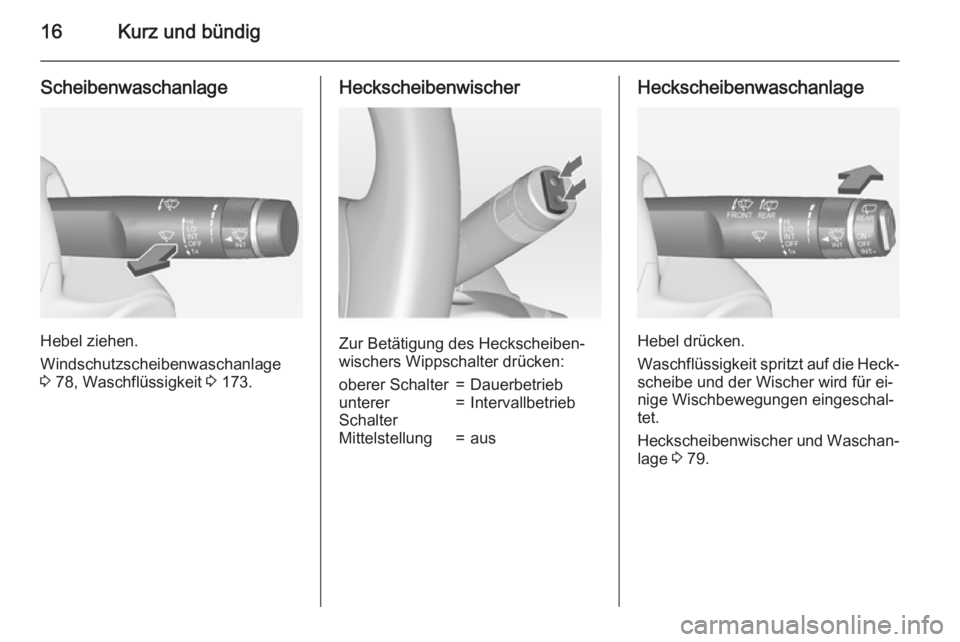 OPEL ADAM 2015.5  Betriebsanleitung (in German) 16Kurz und bündig
Scheibenwaschanlage
Hebel ziehen.
Windschutzscheibenwaschanlage
3  78, Waschflüssigkeit  3 173.
Heckscheibenwischer
Zur Betätigung des Heckscheiben‐
wischers Wippschalter drück