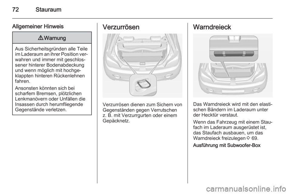 OPEL ADAM 2015.5  Betriebsanleitung (in German) 72Stauraum
Allgemeiner Hinweis9Warnung
Aus Sicherheitsgründen alle Teile
im Laderaum an ihrer Position ver‐ wahren und immer mit geschlos‐
sener hinterer Bodenabdeckung und wenn möglich mit hoch
