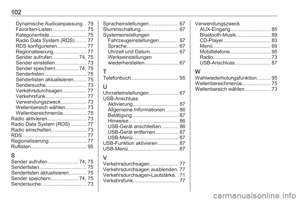 OPEL ADAM 2016  Infotainment-Handbuch (in German) 102Dynamische Audioanpassung..79
Favoriten-Listen ........................75
Kategorienliste .......................... 75
Radio Data System (RDS) ........77
RDS konfigurieren .....................77
